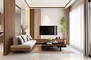 Modern living room featuring minimalist design with wooden accents, a comfortable sofa, and natural light.