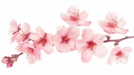 A pink flower branch with many pink flowers. The flowers are arranged in a line, with some of them overlapping each other. Scene is serene and peaceful, as the flowers are arranged in a natural