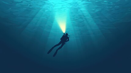 Experience the thrill of scuba diving as a diver explores depths, illuminating the oceans wonders with a bright flashlight beam.