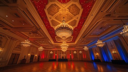 Obraz premium Elegant Ballroom with Intricate Ceiling Design, Sparkling Chandeliers, and Warm Lighting Accented by Red and Blue Uplighting