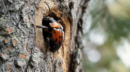 Fototapeta premium A large, black and orange beetle with spots emerges from a hole in a tree trunk.