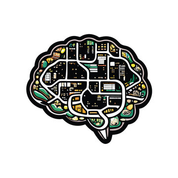 recommend clip art: An outline of a brain with pathways inside that are filled with colorful patterns.