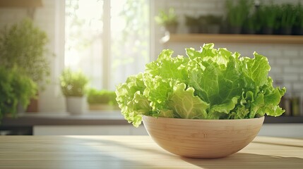 Kitchen backdrop featuring a bowl of fresh lettuce, sunlight adds warmth to the scene, perfect for diet-related designs