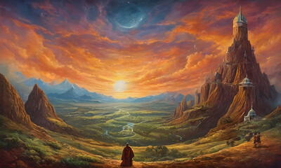 Monk looking at fantastic sunset over mountains and valley with city on mountain top