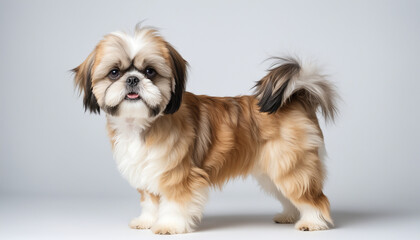 Adorable Shih Tzu Dog with Fluffy Fur Standing on a White Background
