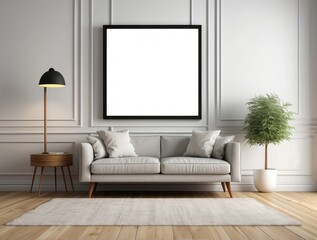 Minimalist Living Room with a White Sofa and a Blank Canvas