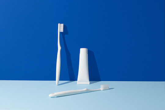 Dental care essentials on a blue background