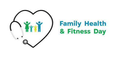 National Family Health and fitness Day. Heart-shaped stethoscope and people icons. Great for cards, banners, posters, social media and more. White background.