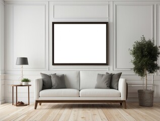 Minimalist Living Room with White Sofa and Empty Frame