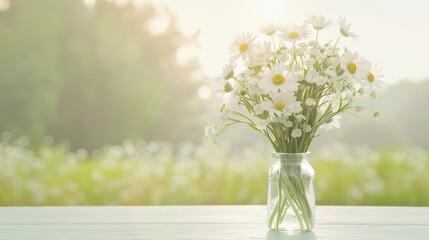 A vase of white flowers sits on a table in a field. The flowers are in full bloom and the vase is clear, allowing the beauty of the flowers to be the main focus