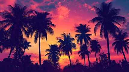 Silhouetted palm trees gently swaying against the vibrant hues of a fiery sunset, capturing the essence of tropical paradise.