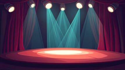 Vector illustration of a cartoon empty theatre stage featuring rich red velvet curtains and bright spotlights