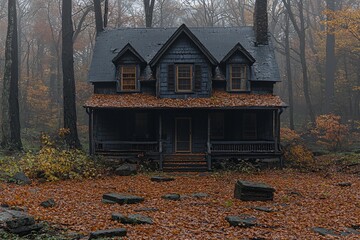 Halloween haunted house in the woods surrounded by autumn leaves, perfect for spooky invitations, party decorations, or themed events with copy space.