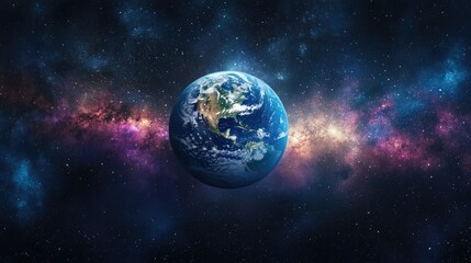 Obraz premium Starry skies envelop the planet Earth, with the globe's vibrant colors standing out against the infinite blackness of space.