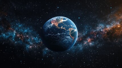 Fototapeta premium Starry skies envelop the planet Earth, with the globe's vibrant colors standing out against the infinite blackness of space.