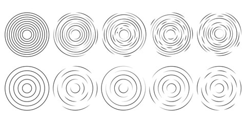 Set of circular ripple icons. Concentric circles with broken lines isolated on white background. Vortex, sonar wave, soundwave, sunburst, signal signs. Vector graphic illustration