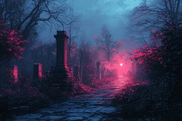 Halloween horror cemetery at night, presenting a hauntingly beautiful scene perfect for spooky event promotions and themed decorations with copy space.