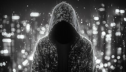 Halloween hacker in the hood silhouette against a blurred cityscape, ideal for themed marketing, spooky events, and creative projects with copy space.