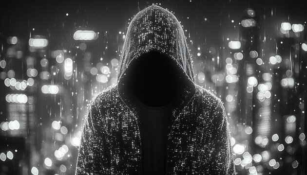 Halloween hacker in the hood silhouette against a blurred cityscape, ideal for themed marketing, spooky events, and creative projects with copy space.