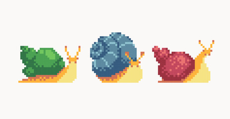 Different snails pixel art set. Colorful shells, slug collection. 8 bit. Game development, mobile app. Isolated vector illustration.  © SickleMoon