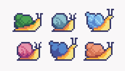 Different snails pixel art set. Colorful shells, slug collection. 8 bit. Game development, mobile app. Isolated vector illustration.  © SickleMoon