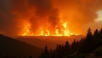 Fototapeta premium Wildfire Burning in Mountain Range at Sunset, A raging inferno engulfs the forest
