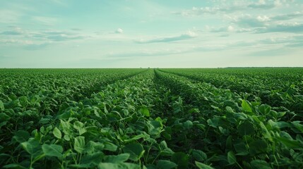 Fototapeta premium A lush soybean field stretches into the distance, with the sky overhead. A perfect representation of modern farming and agricultural success