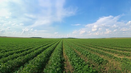 A panoramic view of a soybean farm, with rows of green crops under a bright sky. A peaceful and productive agricultural scene