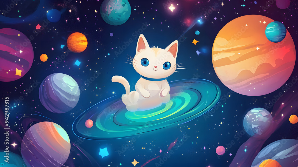 Wall mural cat astronaut flying outer space among colorful planets and stars cartoon illustration