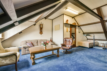 Cozy attic living space with vintage furniture