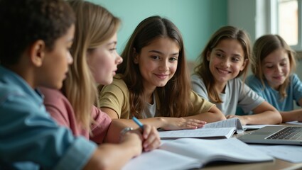 Fototapeta premium Diverse Group of Students Studying Together With Laptop and Notebooks