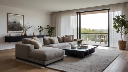 Fototapeta premium A minimalist style living room that gives a warm and relaxing feeling. It features light-colored wooden furniture and natural light streaming in through large glass windows, generetive ai