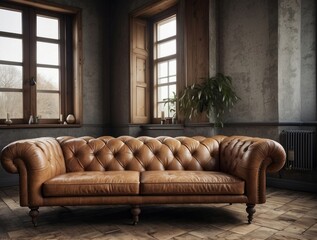 Brown Leather Chesterfield Sofa in a Rustic Room