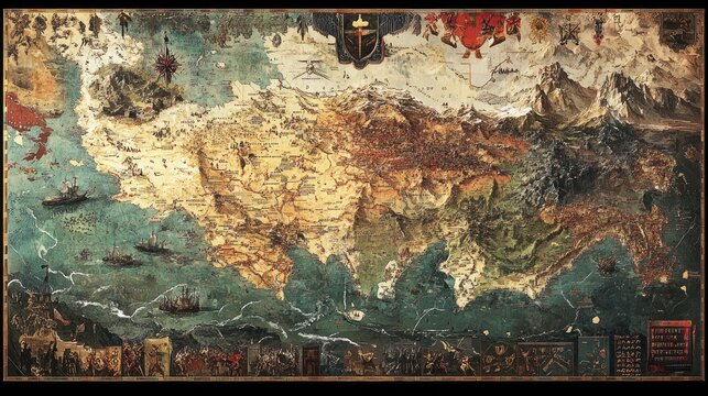 Detailed Fantasy Map With Mountains, Seas and Cities