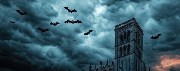 Abandoned cathedral with bats emerging from the bell tower, dark clouds gathering, ominous and suspenseful mood