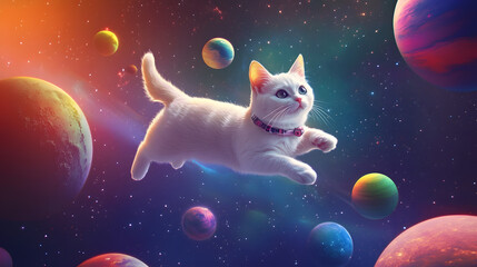 Cat Astronaut flying outer space among colorful planets and stars 3D cartoon illustration