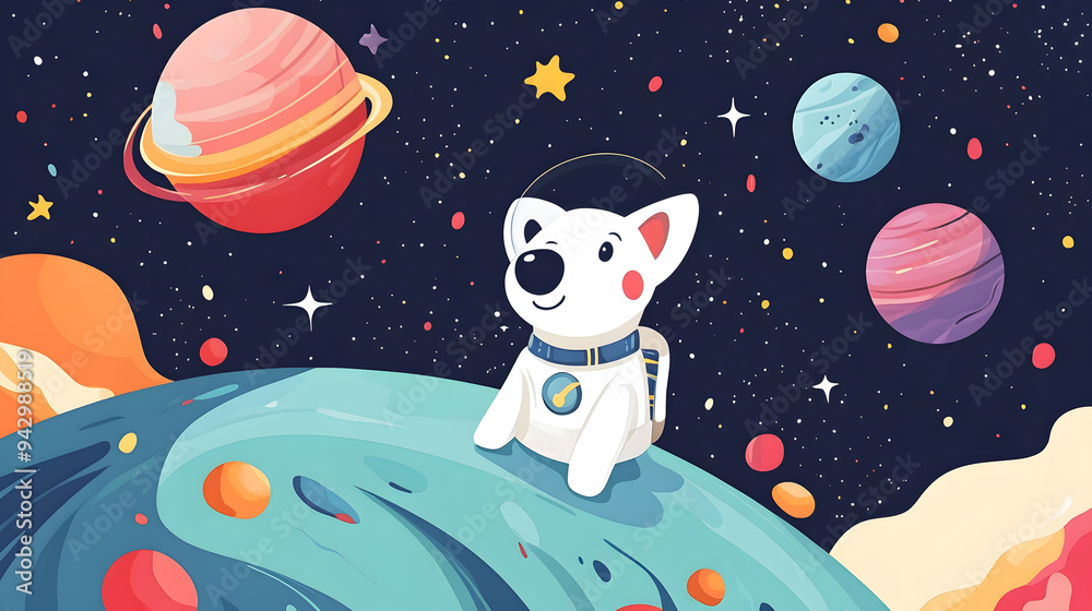 Wall mural Dog Astronaut flying outer space among colorful planets and stars cartoon illustration