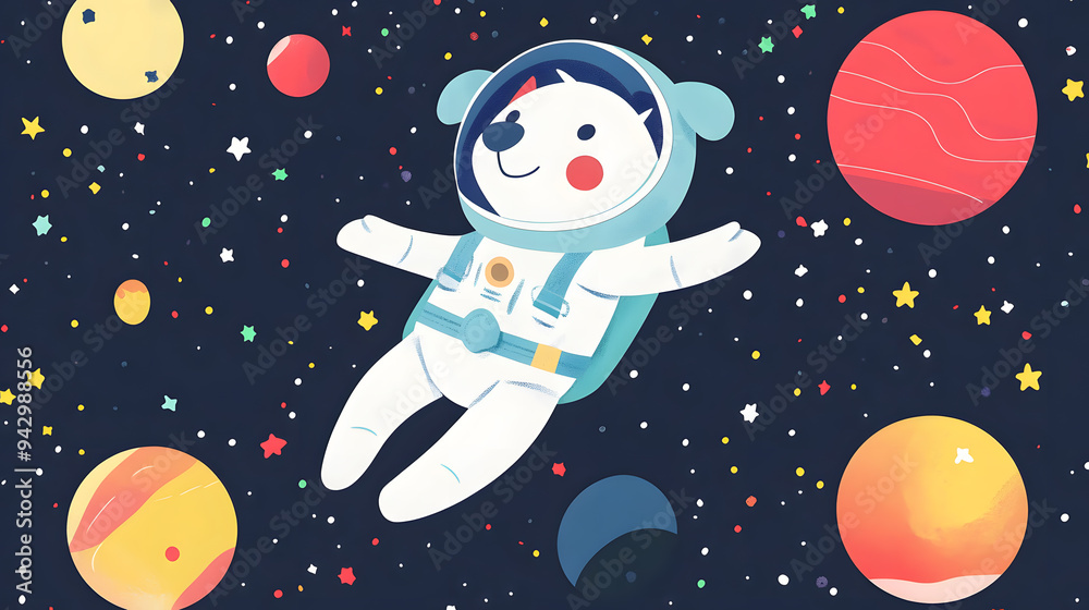 Wall mural Dog Astronaut flying outer space among colorful planets and stars cartoon illustration