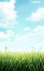 Fototapeta premium Vibrant green grass against a serene blue sky with fluffy clouds, perfect for nature and outdoor-related projects.
