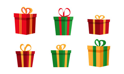 Gift box icon with wrapping paper and ribbon bow in three color options Gifts and souvenirs for celebrating Christmas, birthday and special sales Vector illustration in flat style Isolated