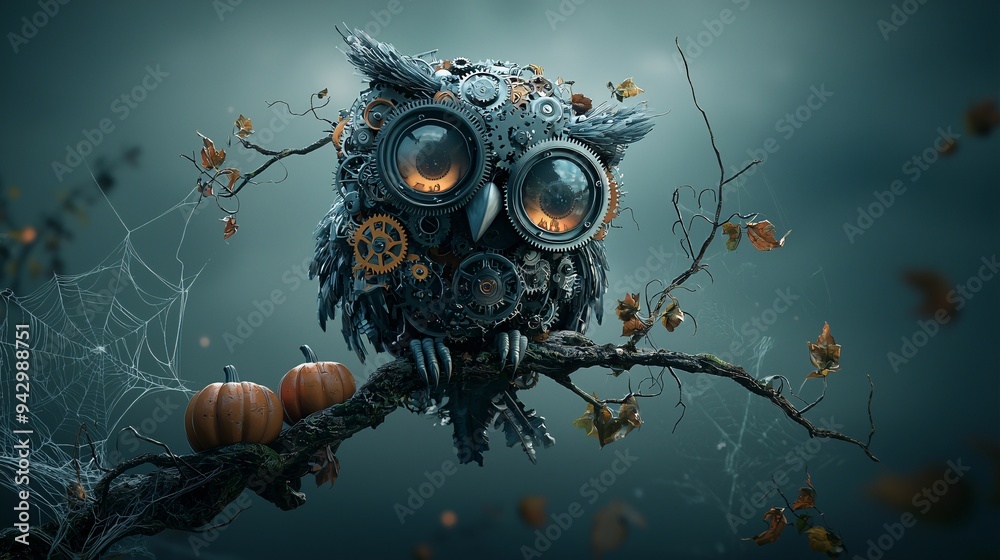 Poster a mechanical owl with gears and clockwork elements perched on a twisted branch, adorned with subtle 