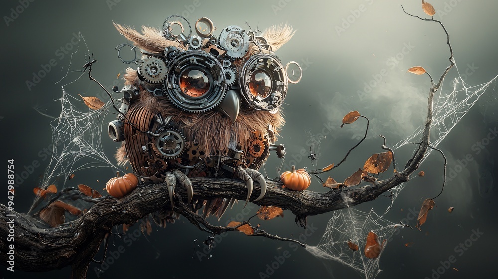 Poster a mechanical owl with gears and clockwork elements perched on a twisted branch, adorned with subtle 