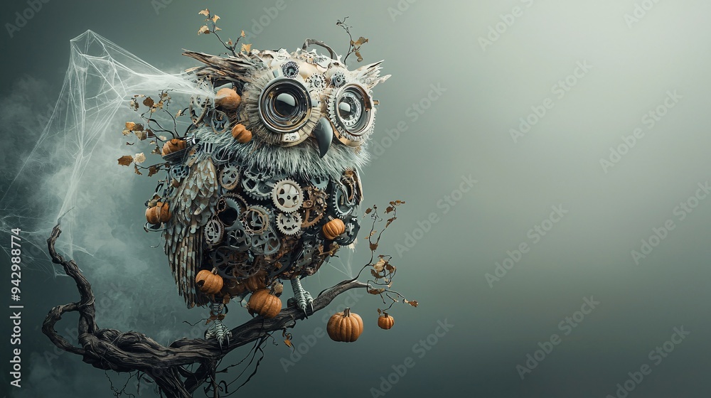 Poster a mechanical owl with gears and clockwork elements perched on a twisted branch, adorned with subtle 
