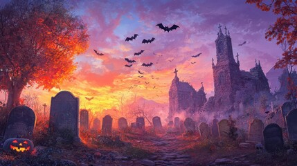 Naklejka premium Victorian graveyard with bats emerging from crypts, o Halloween evening, gothic and chilling landscape