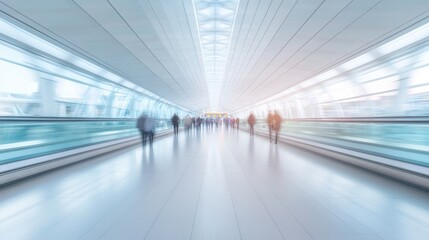 A group of people walking through a large, empty airport. The scene is blurry, giving it a sense of motion and activity