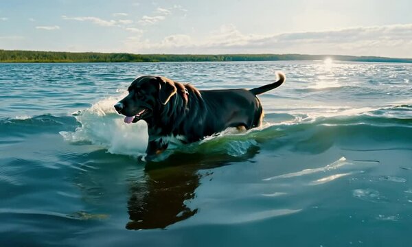  SLO MO TS Newfoundland dog walking across water 
