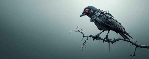 Fototapeta premium A steampunk crow with mechanical wings and glowing red eyes perched on a twisted branch, silhouetted against a Halloween night sky with ample copy space.