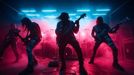 Fototapeta premium A rock band dressed in Halloween-themed costumes performs on a stage illuminated by eerie lighting, with a fog machine creating a spooky atmosphere. The scene has ample copy space for text or