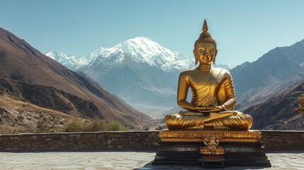 Fototapeta premium Golden Buddha statue in a remote Himalayan monastery, snow-capped mountains in the background, clear sky, serene