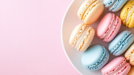Obraz premium A plate of delicate French macarons in pastel colors arranged neatly with ample space for text above. Great for dessert menus or elegant event promotions.